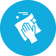 Hand wiping surface icon on blue background.