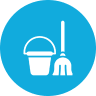 Bucket and mop cleaning icon on blue.