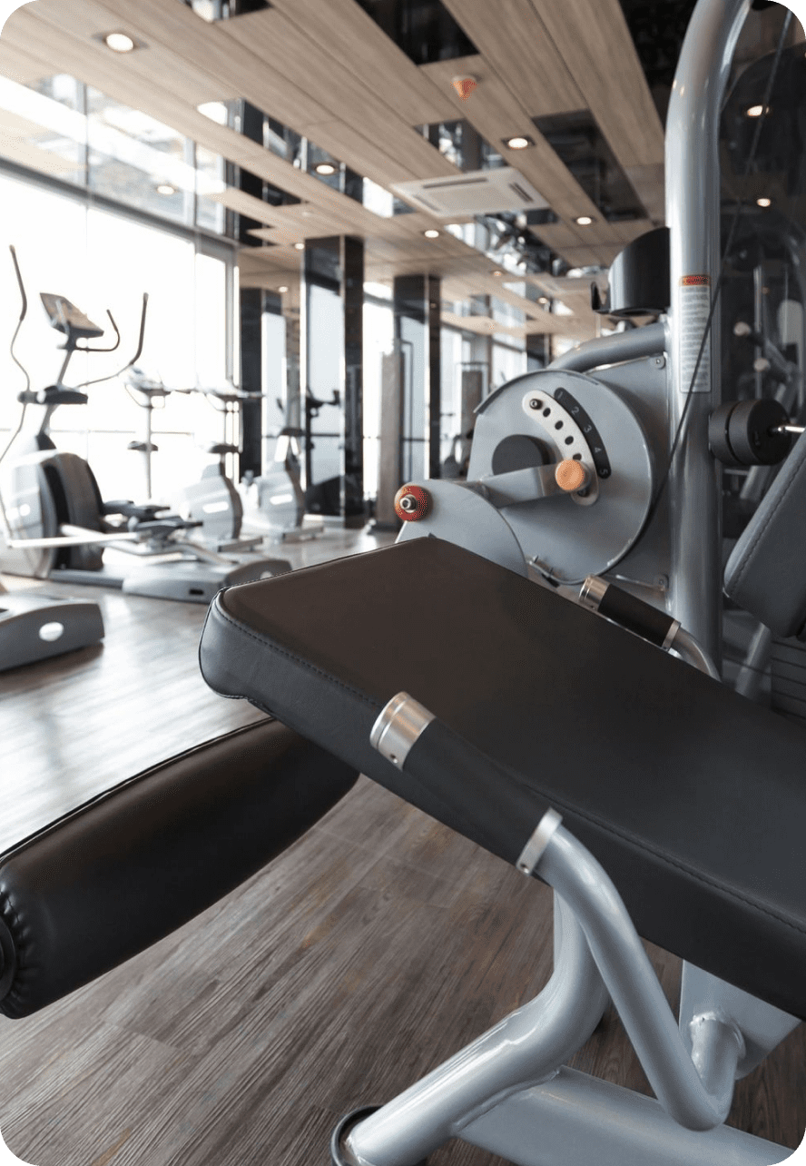 Modern gym interior with cardio machines and natural light.