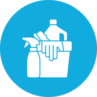 Cleaning supplies icon on blue background.