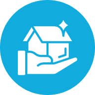 Hand holding house symbol on blue circle.
