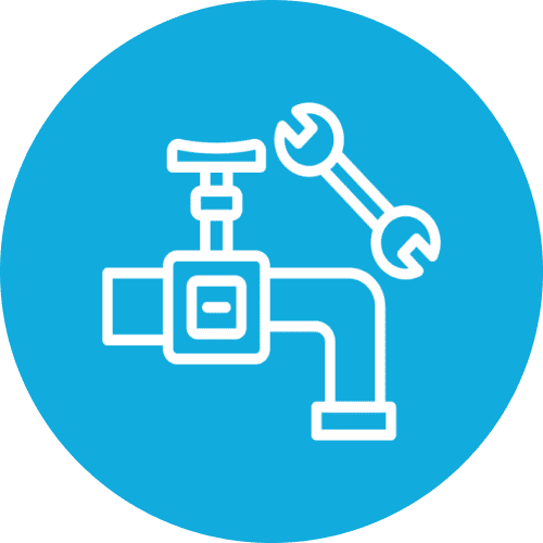 Icon of a valve and wrench on a blue background.
