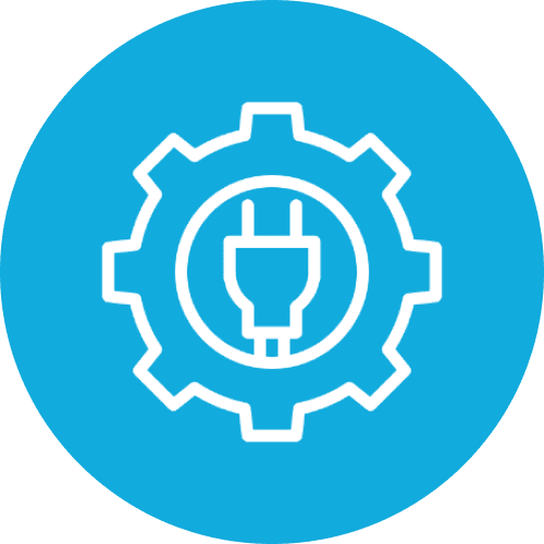White gear and electric plug icon on blue background.