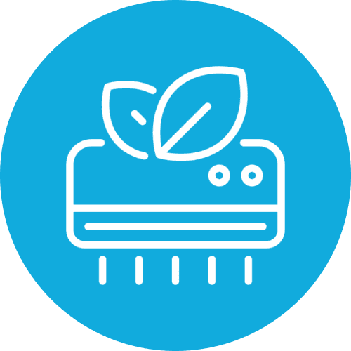 Eco-friendly air conditioner with leaf symbol.
