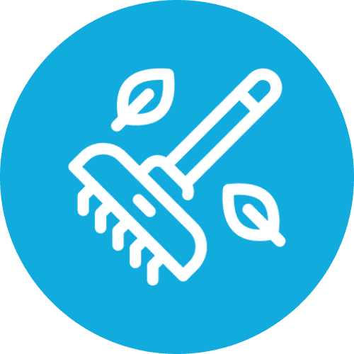 White garden rake icon on a blue circular background with leaves.