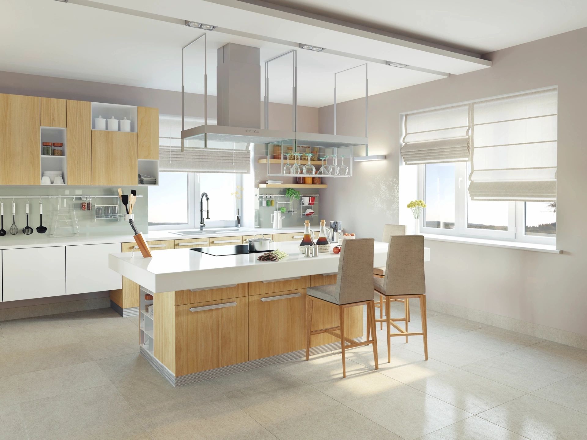 Bright modern kitchen with wooden cabinets and island seating.